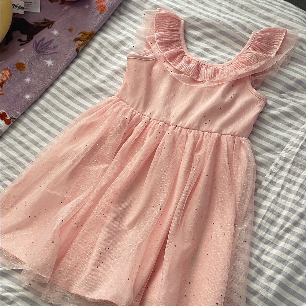 Girls' Pink Sparkle Tulle Dress with Ruffle Neck